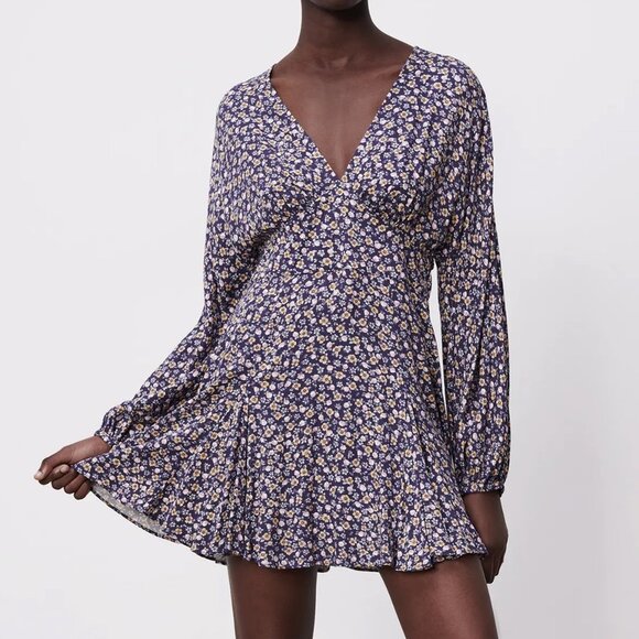 NEW Zara Floral V Neck Printed Purple Mini Dress S - Picture 6 of 11